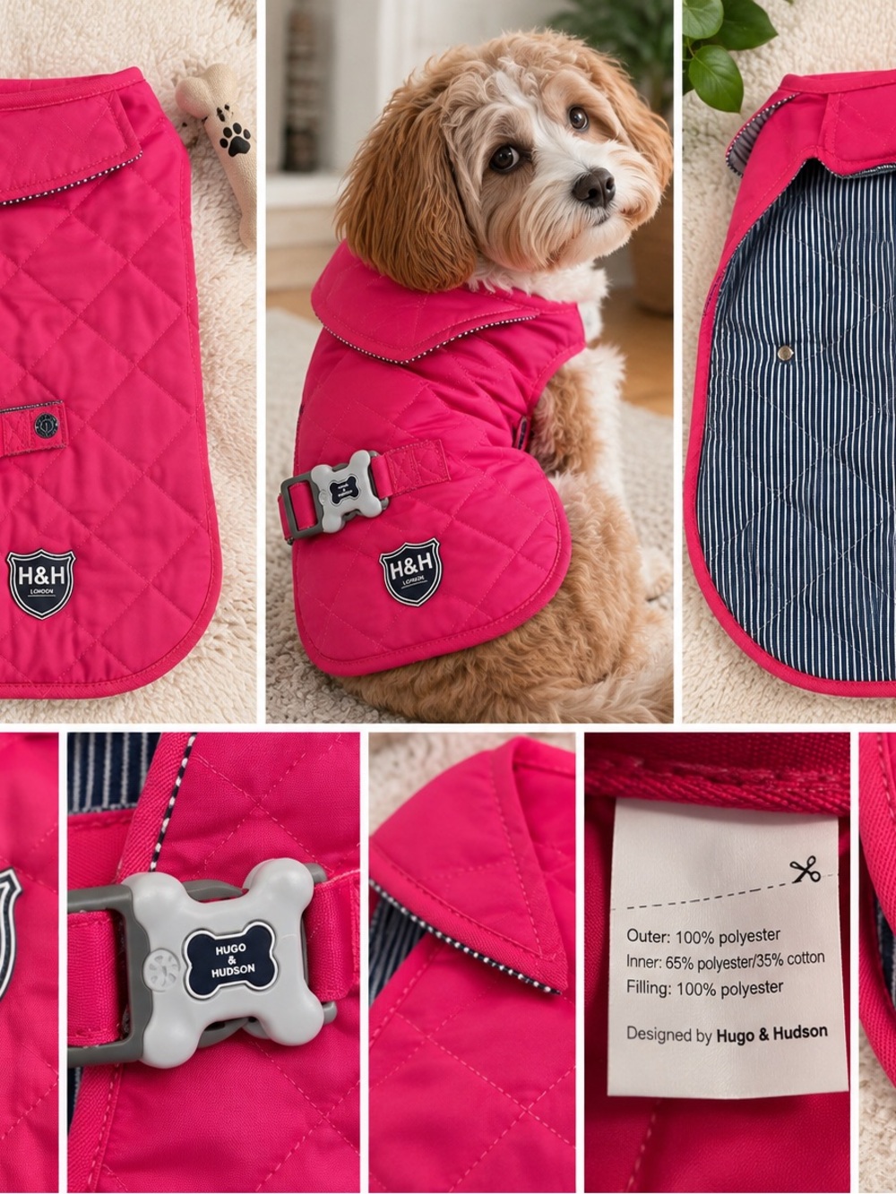 Hugo & Hudson London Pink Quilted Dog Coat – Size M-48 🐾💕